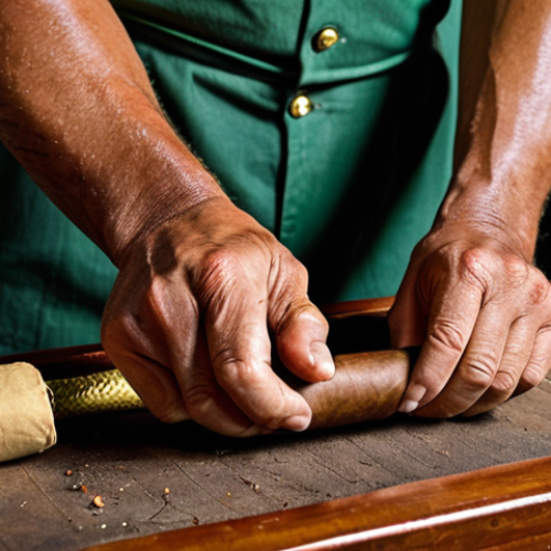 **Image of a torcedor (cigar roller) meticulously hand-rolling a Cuban cigar in a traditional factory setting. Focus on the craftsmanship and quality of the tobacco leaves. High resolution, detailed textures.** (This represents the production process and skilled labor involved.)