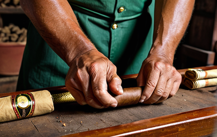 **Image of a torcedor (cigar roller) meticulously hand-rolling a Cuban cigar in a traditional factory setting. Focus on the craftsmanship and quality of the tobacco leaves. High resolution, detailed textures.** (This represents the production process and skilled labor involved.)