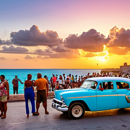 **A vibrant scene on the Malecón in Havana at sunset.** Depict diverse people (locals, tourists, couples) mingling, some dancing to music, others enjoying rum and watching the sunset. Include classic Cuban cars in the background. The overall atmosphere should be lively and welcoming.