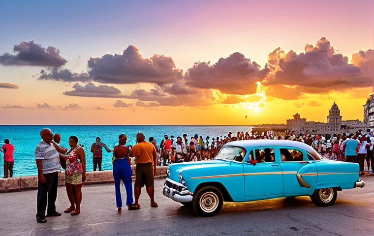 **A vibrant scene on the Malecón in Havana at sunset.** Depict diverse people (locals, tourists, couples) mingling, some dancing to music, others enjoying rum and watching the sunset. Include classic Cuban cars in the background. The overall atmosphere should be lively and welcoming.