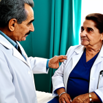 "A Cuban family doctor, fully clothed in a professional white coat, visiting an elderly patient in her modest home, safe for work, appropriate content, perfect anatomy, natural proportions, family-friendly"