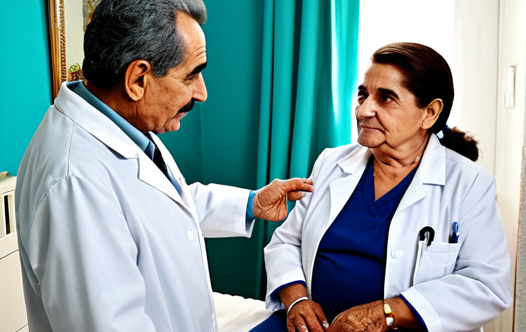 "A Cuban family doctor, fully clothed in a professional white coat, visiting an elderly patient in her modest home, safe for work, appropriate content, perfect anatomy, natural proportions, family-friendly"