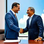 Business Investment**

"A professional businessman, fully clothed in a modest suit, shaking hands with a Cuban entrepreneur in Havana. Both are smiling in a bright, modern office setting. Displaying a signed investment agreement. Safe for work, appropriate content, professional, perfect anatomy, natural proportions, family-friendly."

**